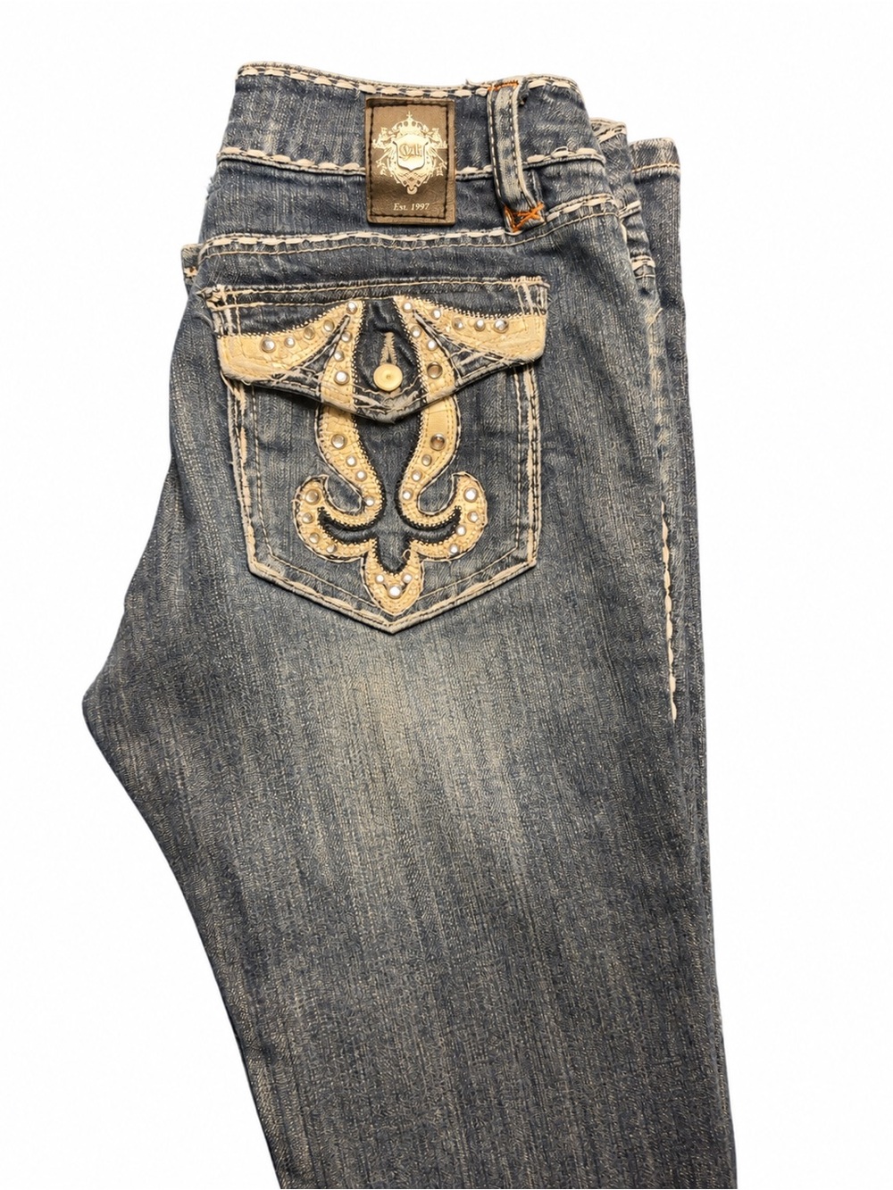 Cello Washed Blue Jeans with Tan Embellished Pocket Size 1 Retail Price $112.00